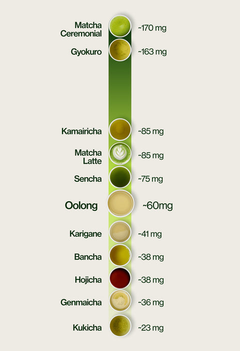 Caffeine level chart highlighting Oolong at ~60 mg per 5 g serving, compared with Kukicha ~23 mg, Genmaicha ~36 mg, Hojicha ~38 mg, Bancha ~38 mg, Karigane ~41 mg, Sencha ~75 mg, Matcha Latte ~85 mg, Kamairicha ~85 mg, Gyokuro ~163 mg and Matcha Ceremonial ~170 mg.