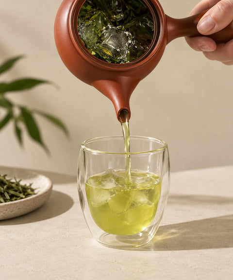 A terracotta-colored teapot with a clear lid pouring light green tea into a double-walled clear glass cup filled with ice, set on a light beige surface with a small dish of loose tea leaves in the background.