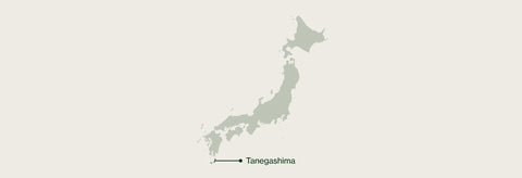A minimalist map graphic of Japan in muted sage green on a light warm gray background, with a small label reading Tanegashima near the southern tip.