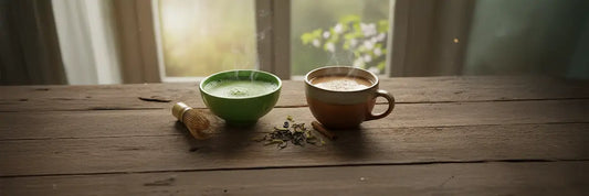 Matcha and chai latte side by side on a wooden table, illustrating caffeine comparison between chai and matcha