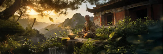 A conceptual cover illustration representing Bodhidharma and the Indian legend regarding the discovery of tea.
