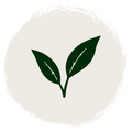 A minimalist graphic icon featuring two dark green leaves on a stem, centered within a circular beige background with a textured, distressed border.