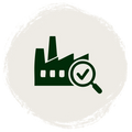 A dark green icon of a factory with a magnifying glass and checkmark, centered inside a textured off-white circular frame.