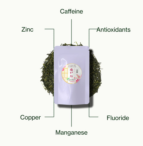 Nio Teas Gyokuro Karigane pack of loose leaf tea, labelled with caffeine, zinc, fluoride, antioxidants, copper and manganese